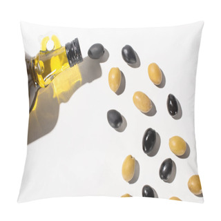 Personality  Top View Of Olive Oil In Bottle Near Green And Black Olives On White Background With Shadow Pillow Covers