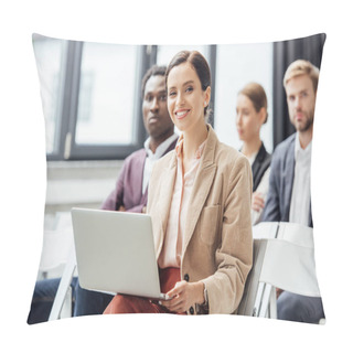 Personality  Selective Focus Of Attractive Woman In Formal Wear Holding Laptop During Conference  Pillow Covers