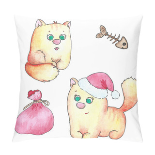 Personality  Set Of Watercolor Illustrations. Cartoon Orange Cats. Santa Claus Kitten With A Bag Of Gifts. Pillow Covers