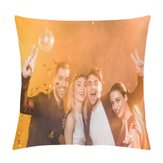 Personality  Group Of Smiling Friends Looking At Camera And Showing Peace Gesture During Party Pillow Covers