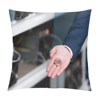 Personality  Cropped Shot Of Businessman In Suit Holding Bitcoin At Cryptocurrency Mining Farm Pillow Covers