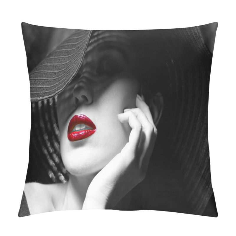 Personality  Mysterious woman in black hat. Red lips pillow covers