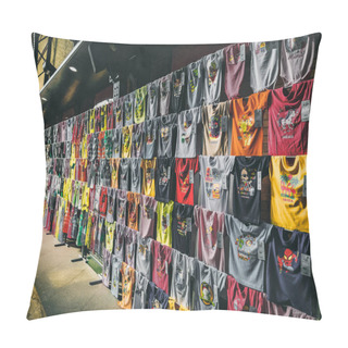 Personality  Sevilla, Spain - February 13, 2019: Collection Of Summer Colorful T-shirts With Funny Screen Printings Sold At Souvenir Shop In Seville, Spain. Pillow Covers