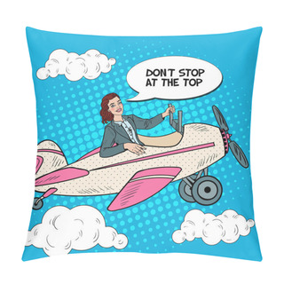 Personality  Pop Art Successful Woman Riding Vintage Airplane. Vector Illustration Pillow Covers