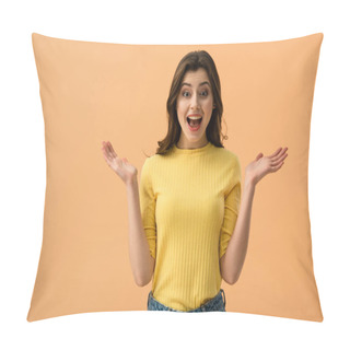 Personality  Surprised Brunette Woman Gesturing While Standing  Isolated On Orange Pillow Covers