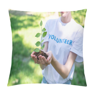 Personality  Cropped View Of Female Volunteer Holding Soil With Sprout In Hands Pillow Covers