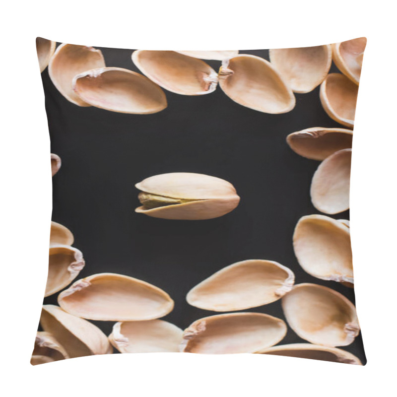 Personality  flay lay of nutshells around tasty pistachio nut isolated on black  pillow covers