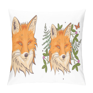 Personality  The Head Of A Fox Surrounded By Clover And Fern. Isolate On A White Background. Vector Graphics. Pillow Covers