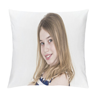 Personality  Cute Girl Eleven Years Old With Blond Long Hair On White Background Pillow Covers