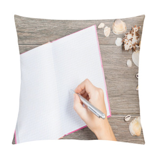 Personality  Hand Writing In Open Notebook With White Pages. Seahells On Wooden Background. Memories Of The Summer. Place For Text. Square Image. Pillow Covers
