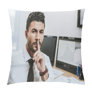 Personality  Selective Focus Of Bi-racial Trader Showing Shh Gesture  Pillow Covers