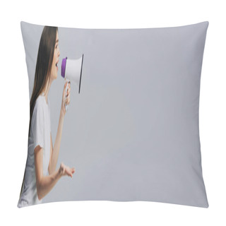 Personality  Young Pretty Woman Speaking In Loudspeaker Isolated On Grey, Panoramic Shot Pillow Covers