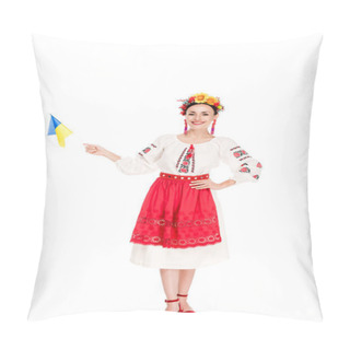 Personality  Brunette Young Woman In National Ukrainian Costume Holding Flag Of Ukraine Isolated On White Pillow Covers