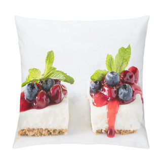 Personality  Front View Of Two Cherry Cheesecake Squares Garnished With Mint. Pillow Covers