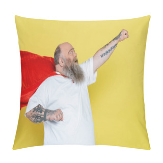Personality  Screaming Overweight Man Posing In Superhero Cloak With Outstretched Hand Isolated On Yellow Pillow Covers