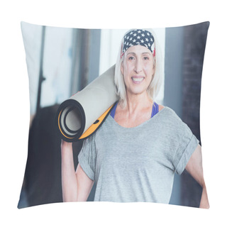 Personality Beautiful Senior Lady With Mat Posing For Camera Pillow Covers
