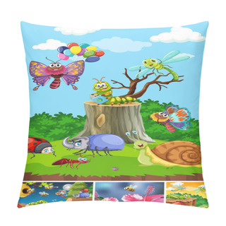 Personality  Set Of Different Insects Living In The Garden Background Illustration Pillow Covers