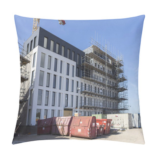 Personality  ZUTPHEN, NETHERLANDS - Jul 30, 2020: Exterior Facade Of Half In Scaffolding Modern Housing Project With Construction Material In Front Pillow Covers