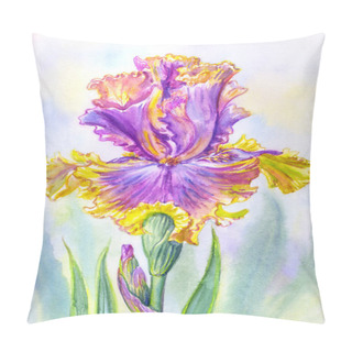 Personality  Purple And Yellow Iris On Blurred Background, Watercolor Illustration, Print For Poster, Greeting Card, Home Furnishings Decor. Pillow Covers