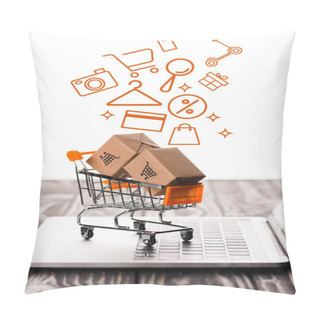 Personality  Selective Focus Of Toy Shopping Cart With Small Carton Boxes On Laptop Keyboard Near Illustration On White, E-commerce Concept Pillow Covers