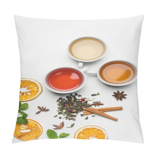 Personality  Top View Of Cups Of Tea Near Spices And Mint On White Background  Pillow Covers