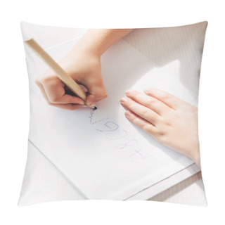 Personality  Cropped View Of Kid With Dyslexia Drawing On Paper With Pencil  Pillow Covers