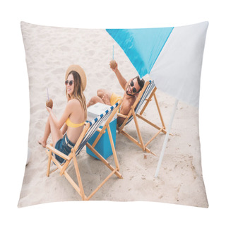 Personality  High Angle View Of Happy Young Couple With Coconut Cocktails Relaxing In Sun Loungers On Sandy Beach Pillow Covers