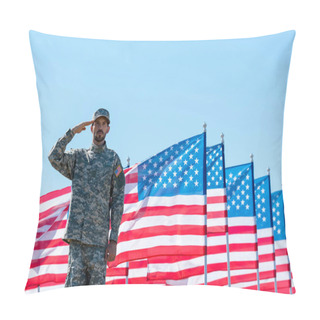 Personality  Man In Military Uniform Giving Salute Near American Flags With Stars And Stripes  Pillow Covers