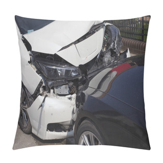 Personality  Close-up Of Two Cars Damaged Traffic Accident. Pillow Covers