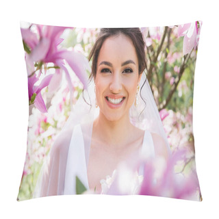 Personality  Happy Bride In Veil Smiling At Camera Near Blooming Magnolia  Pillow Covers
