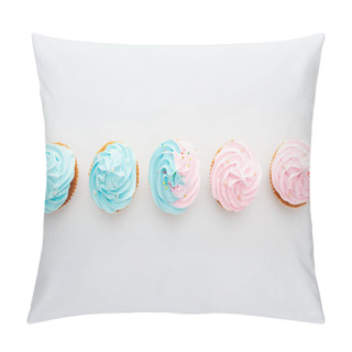 Personality  Top View Of Tasty Colorful Cupcakes With Sprinkles In Row Isolated On White Pillow Covers
