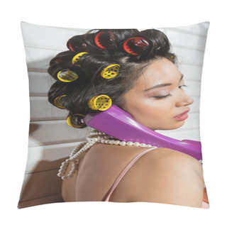 Personality  Fashionable And Asian Young Woman With Hair Curlers And Pearl Necklace Talking On Purple Retro Phone Near White Tiles, Housewife, Retro Fashion, Vintage-inspired  Pillow Covers