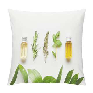 Personality  Top View Of Bottles With Essential Oil And Herbs On White Background Pillow Covers