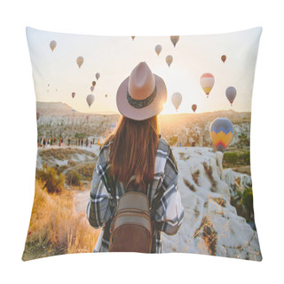 Personality  Girl Traveler Vacations At Beautiful Destination In Goreme, Turkey. Scenic Kapadokya With Flying Air Balloons At Sunrise, Anatolia Pillow Covers