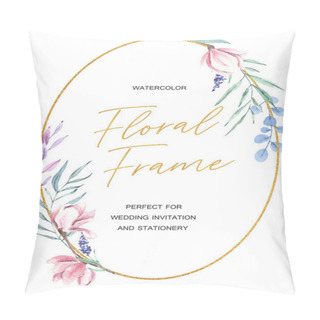 Personality  Hand Drawn Watercolor Magnolia Frame With Green Leaves. Golden Frame, Wedding Invitation Template Pillow Covers