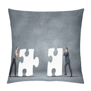 Personality  Team Of Business Collaborate Holding Up Jigsaw Puzzle Pieces As A Solution To A Problem Pillow Covers