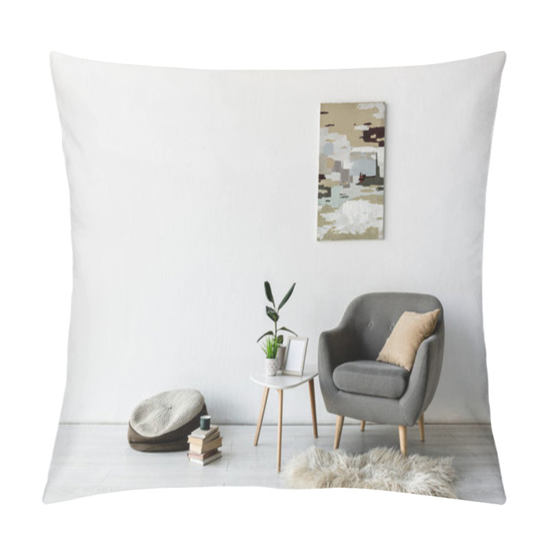 Personality  Comfortable Armchair Near Coffee Table With Green Plants, Frame And Painting On Wall In Modern Living Room  Pillow Covers