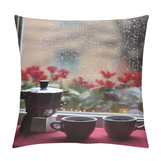 Personality  Cups Of Hot Coffee And Espresso Machine In Front Of Window Raind Pillow Covers