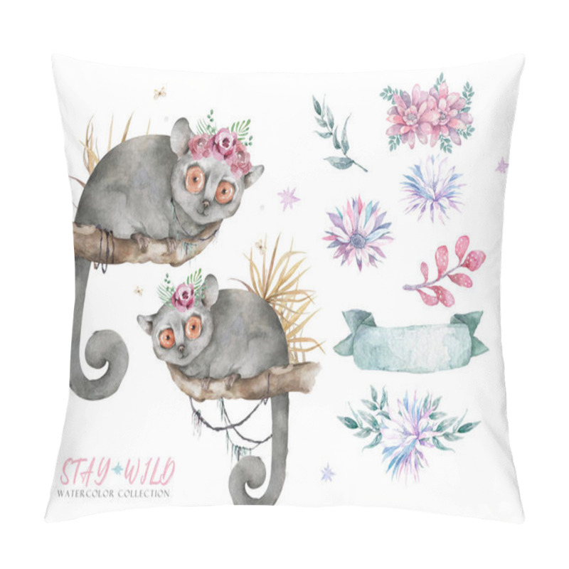 Personality  Mouse Lemur Pattern. Hand Drawn Cute Watercolor Cartoon Mouse Lemur On Tree With Jungle Leaves White Background Pillow Covers