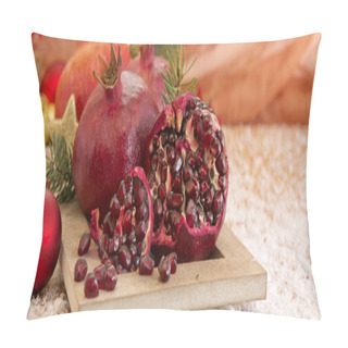 Personality  Fresh Ripe Pomegranates On Wooden Background And Christmas Decoration. Pillow Covers