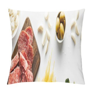 Personality  Panoramic Crop Of Meat Platter, Garlic And Bowls With Olives And Mozzarella On White Background Pillow Covers