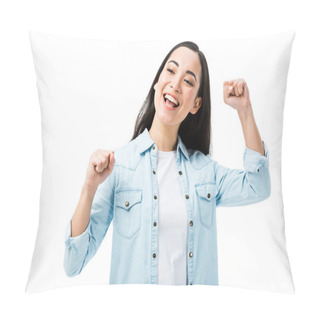 Personality  Attractive And Smiling Asian Woman In Denim Shirt Showing Yes Gesture Isolated On White  Pillow Covers