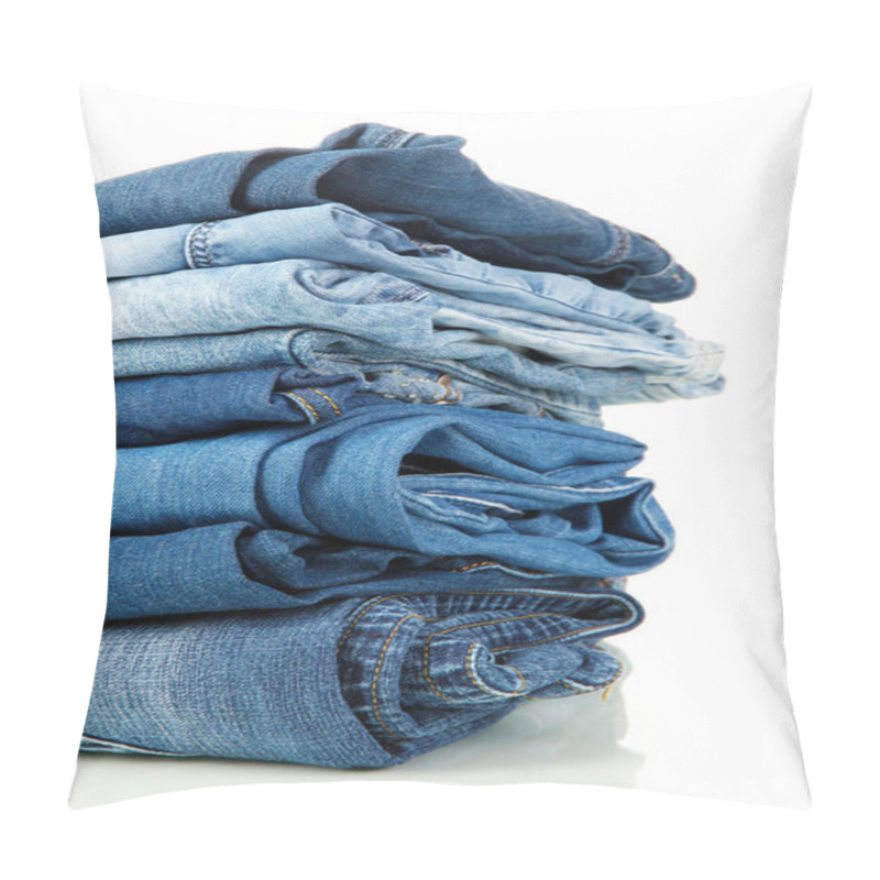 Personality  Lot Of Different Blue Jeans Close-up Isolated On White Pillow Covers