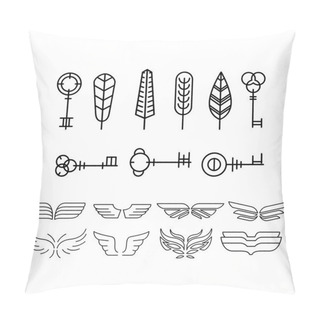 Personality  Feather, Key And Wing Set In Linear Style, Vector Illustration Pillow Covers