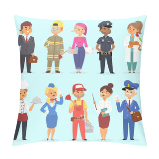 Personality  People Different Professions Vector Illustration. Success Teamwork Diversity Human Work Lifestyle. Standing Successful Young Professions Policeman, Doctor, Fireman, Chef Person Character In Uniform Pillow Covers