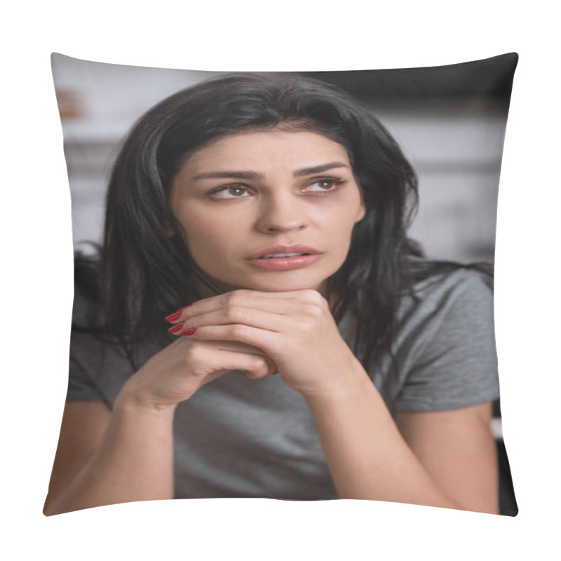 Personality  Upset Woman With Bruise On Face Looking Up, Domestic Violence Concept  Pillow Covers