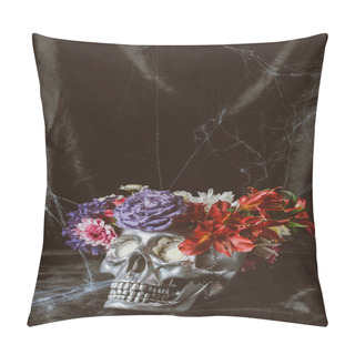Personality  Silver Skull With Flowers On Black Cloth With Spider Web For Halloween Pillow Covers