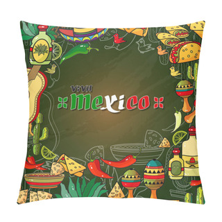 Personality  Handwritten Words Viva Mexico.  Cartoon  Sombrero, Guitar, Pepper, Cactus And Skull.  Vector Greeting Card Pillow Covers