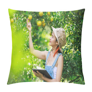 Personality  Orange Farm Female Owner Inspecting Quality Tangerine Fruits Products In Her Garden, Pillow Covers