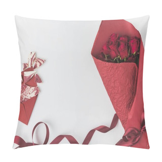 Personality  Flat Lay With Arrangement Of Bouquet Of Red Roses With Ribbon And Envelope With Sweet Dessert Isolated On White, St Valentines Day Concept Pillow Covers